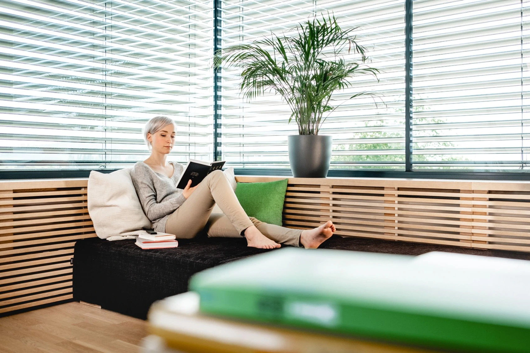 Automatische binnenzonwering filtert het daglicht in een modern interieur om oververhitting tegen te gaan en comfort te garanderen via Skygge.