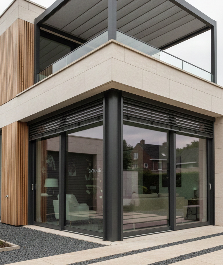 Moderne woning met aluminium ramen en zonwering professioneel geplaatst door Skygge