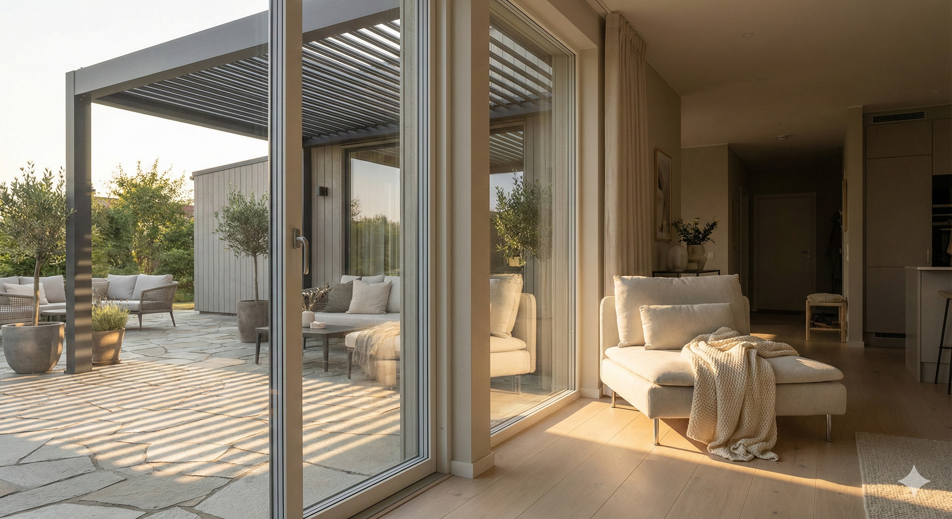 Grote aluminium schuiframen met zicht op terrasoverkapping