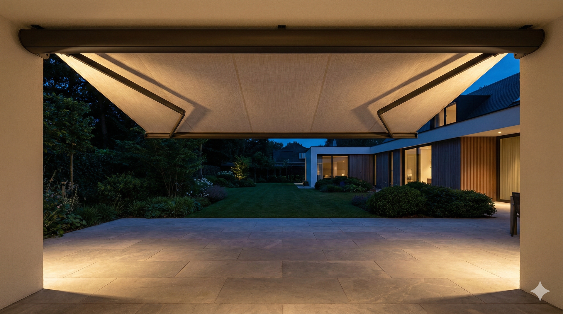 Moderne woning met terrasoverkapping en zonwering in avondlicht