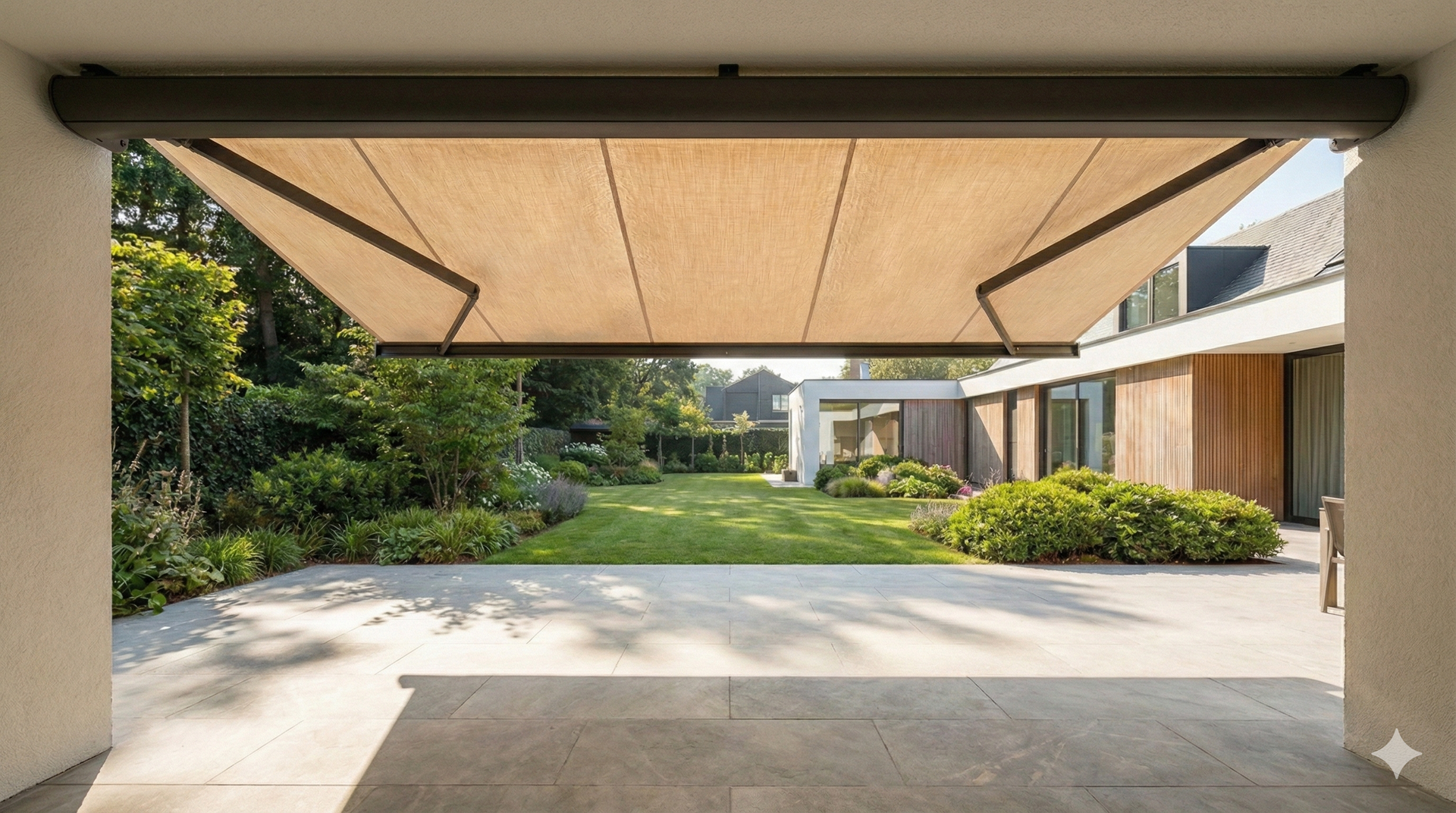 Overdekt terras met uitschuifbare zonwering en tuinaanleg