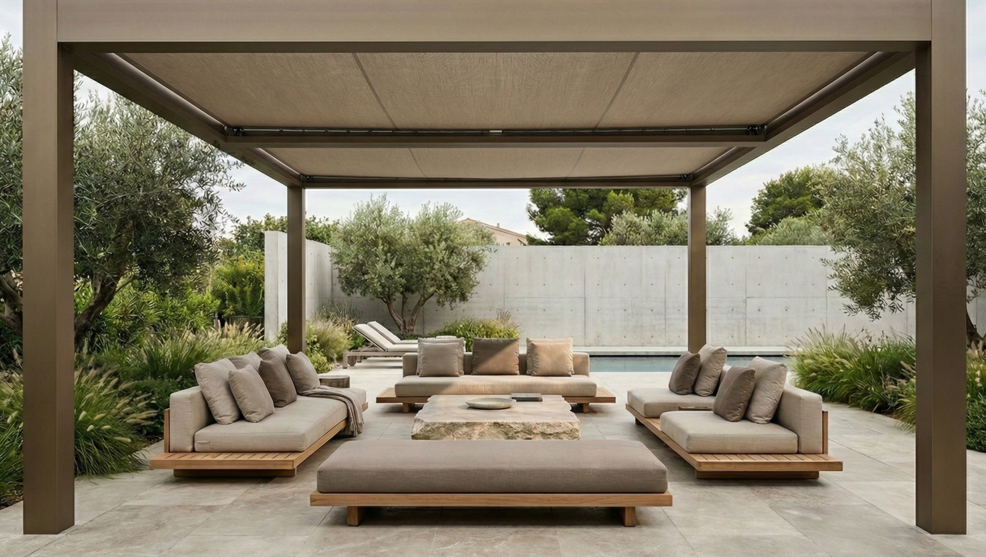 Overdekt terras met lamellendak en outdoor living inrichting